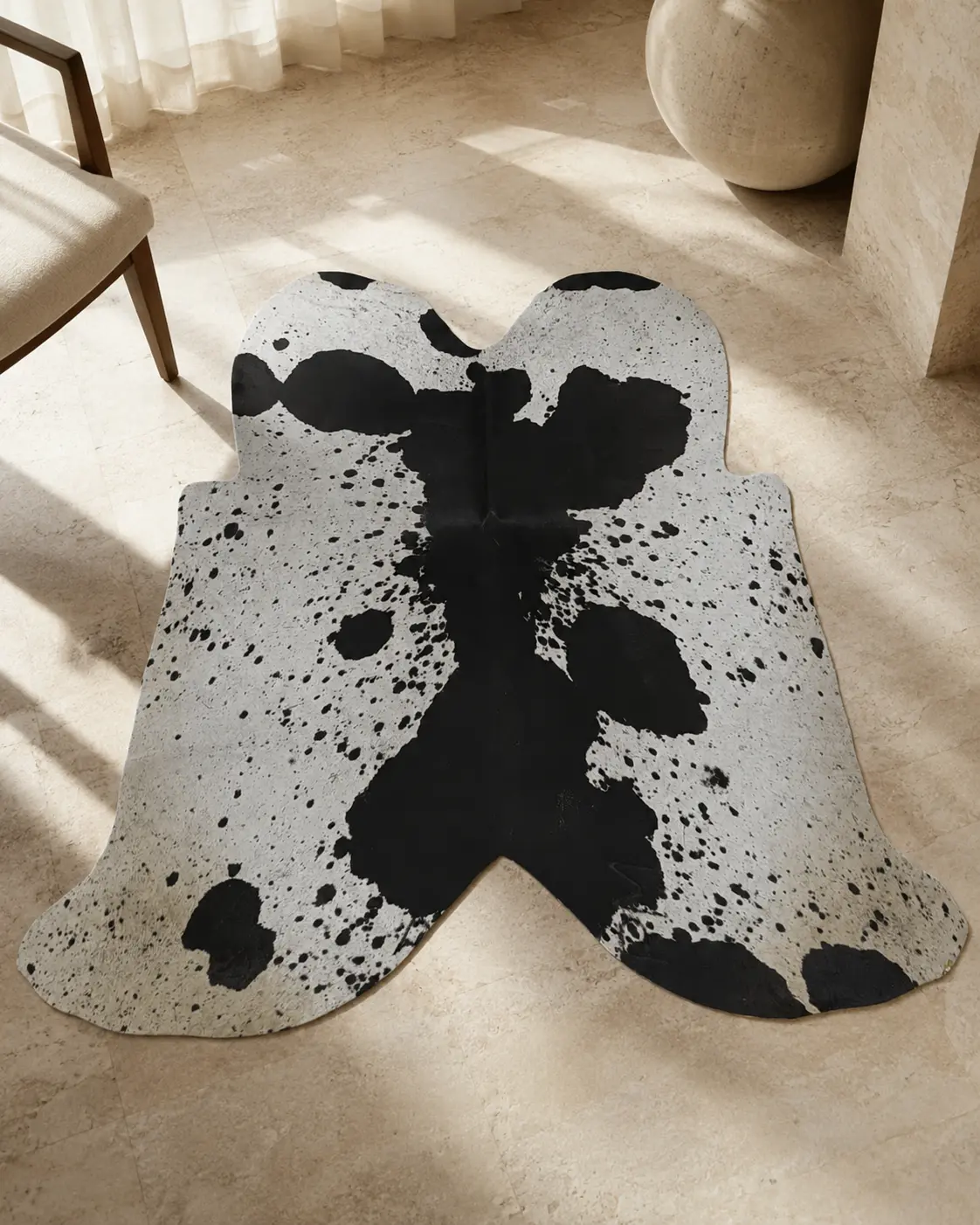 Black and white natural cowhide rug staged in an architectural interior